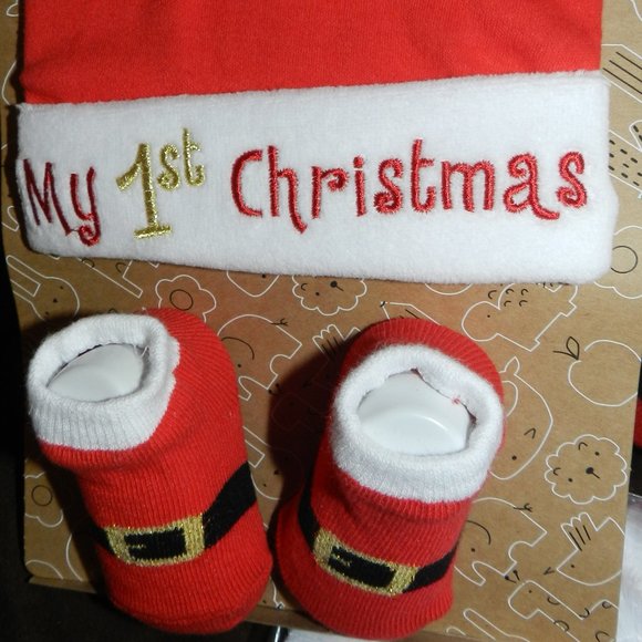Santa "MY 1st CHRISTMAS" Santa Hat & Booties Gift set for Infant/Baby 0-6M NEW! - Picture 2 of 13